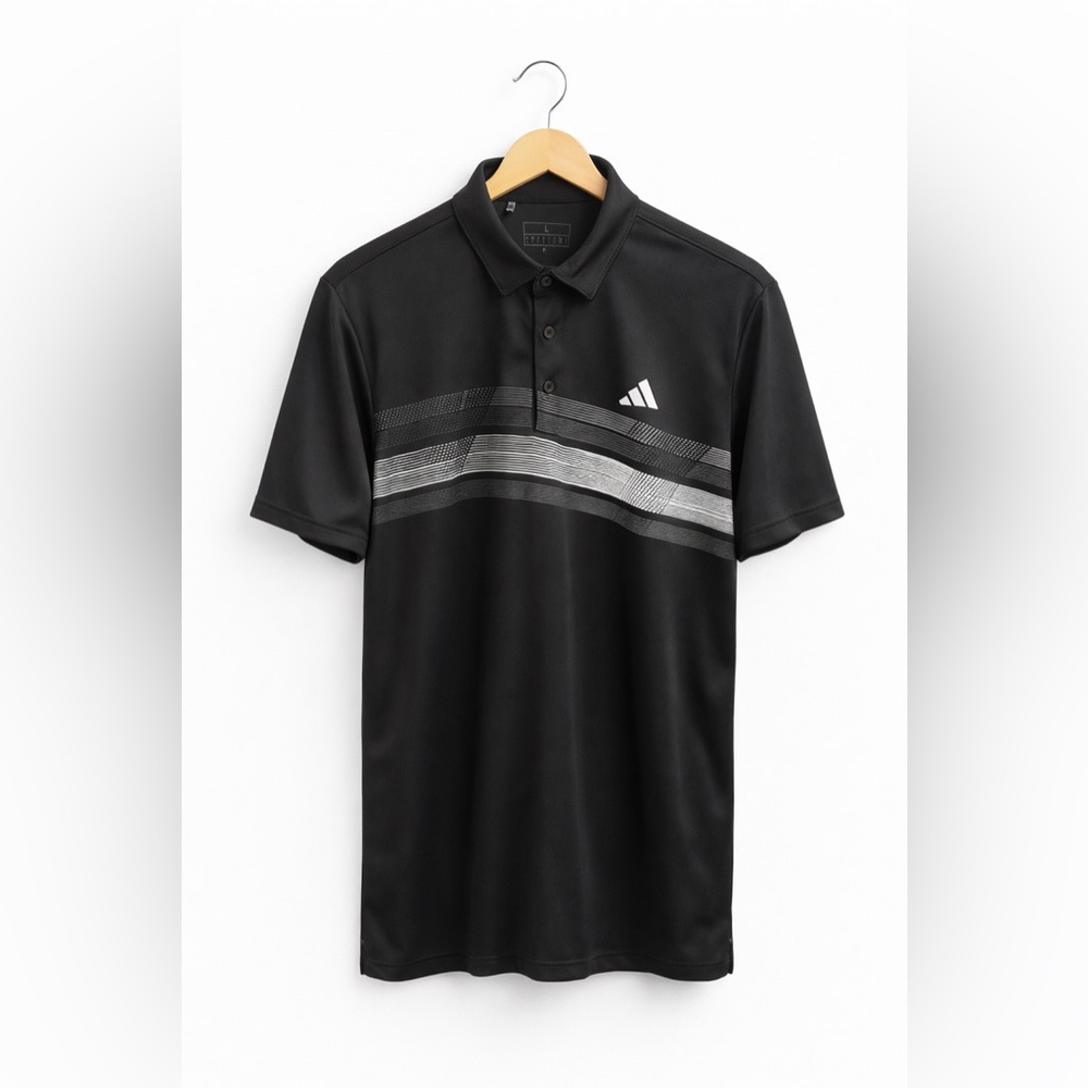 Adidas Men’s Polo Shirt Large Black Performance Golf Shirt Stripe Logo